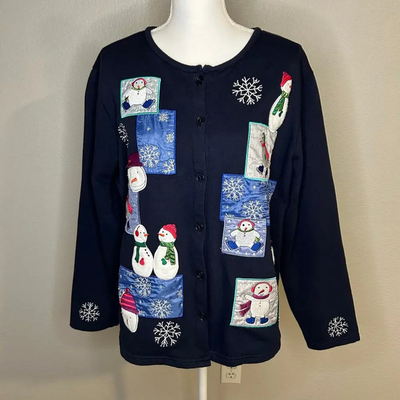 Karen Scott sport snowman applique button down navy fleece sweater size 1X - Picture 1 of 9